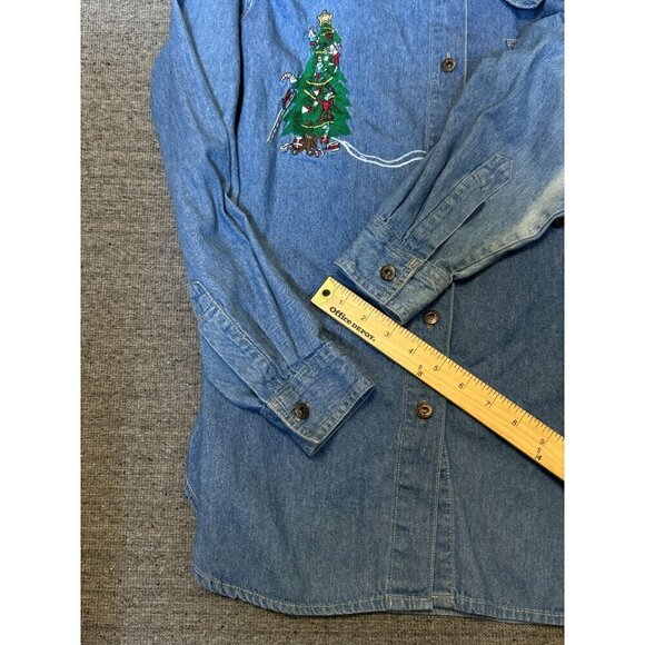 Vintage Christmas Denim Button Down Shirt Embroidered long Sleeve, Size L - Picture 9 of 10